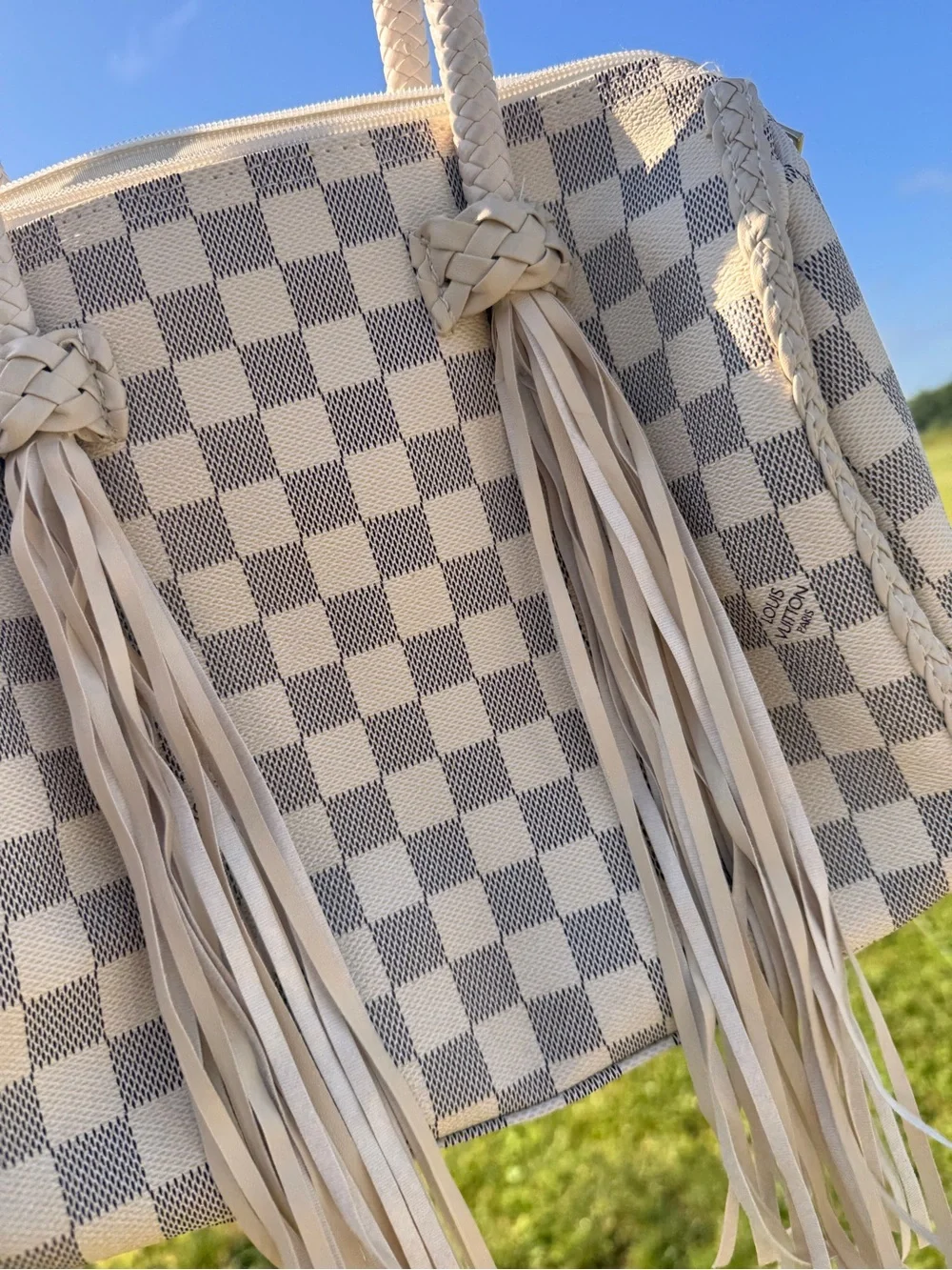 Louis Vuitton Ivory Checkered Satchel with Tassel Accents